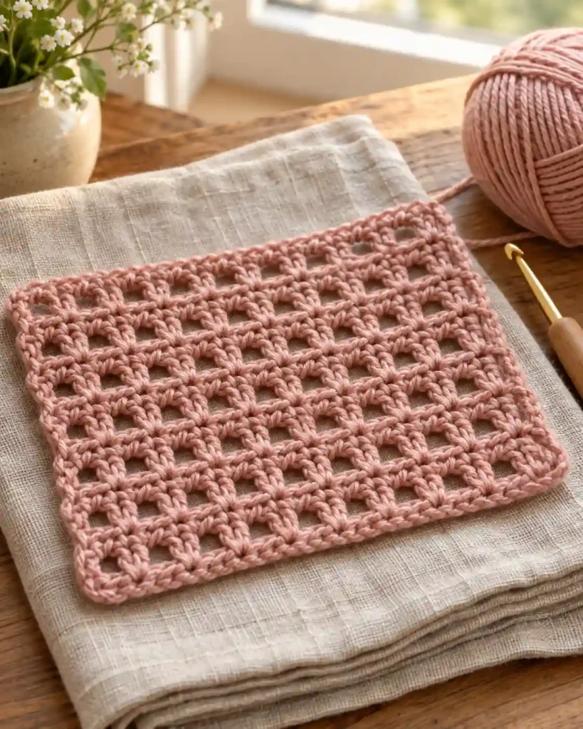 Dusty rose half double crochet mesh stitch swatch with small airy spaces