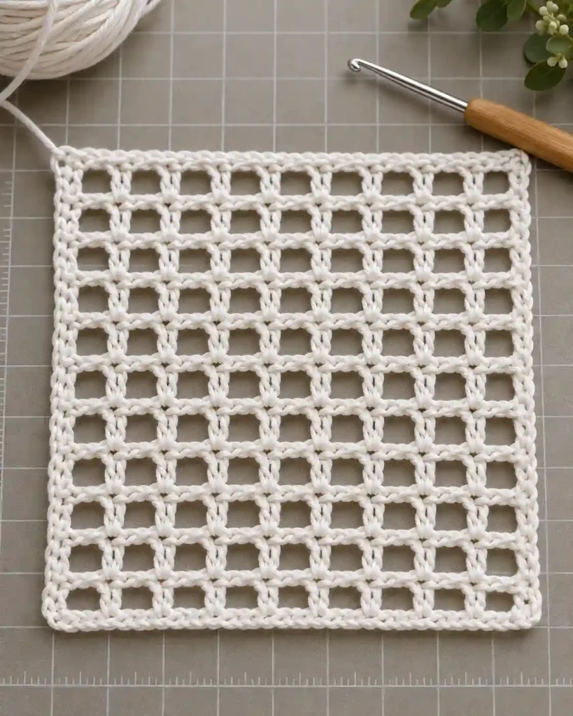 White filet crochet square mesh swatch with tidy geometric holes