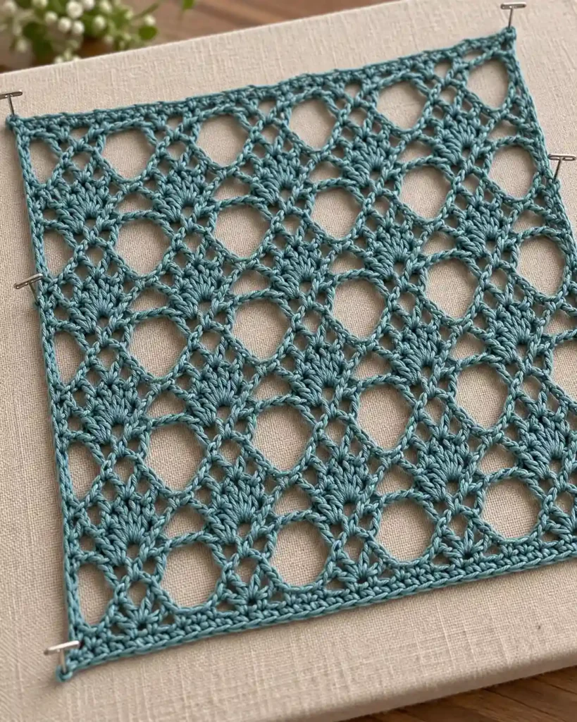 Teal diamond mesh stitch crochet swatch with symmetrical lace diamonds