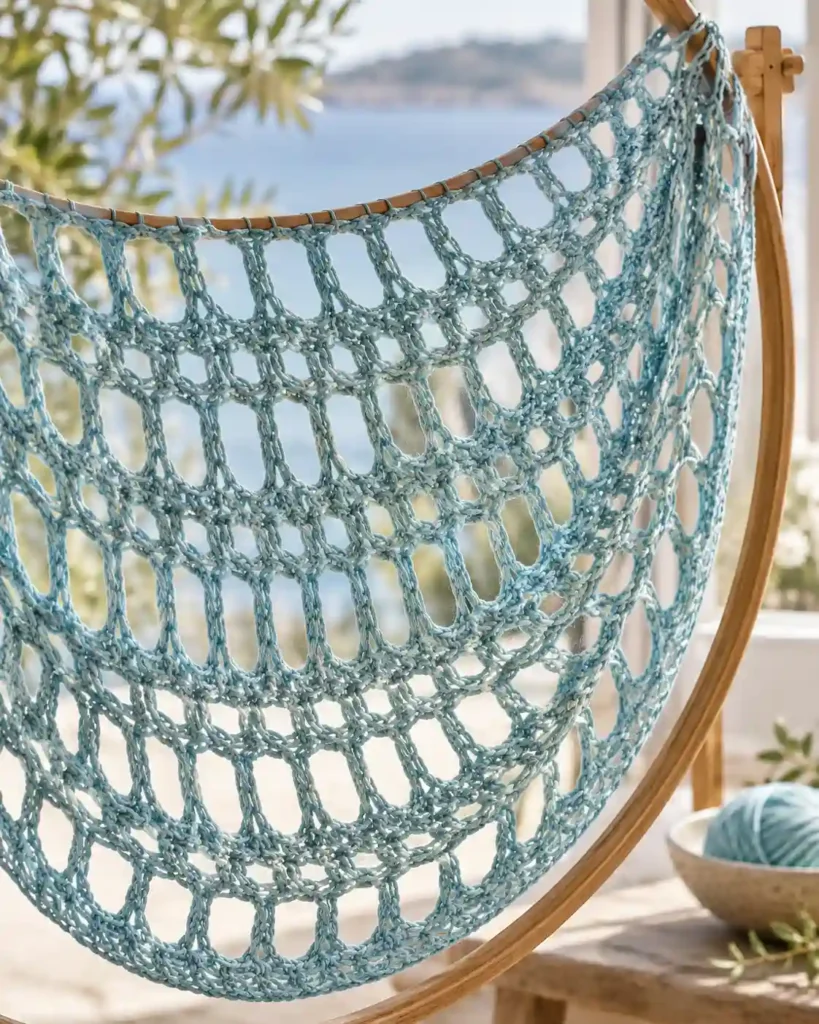 Sea glass chain-loop crochet mesh with large airy arch openings