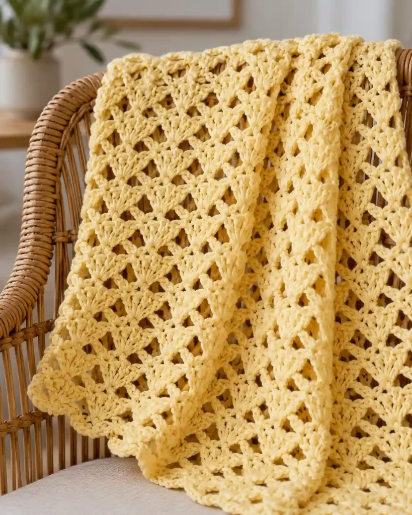 Yellow V stitch crochet mesh swatch with open V shaped stitches