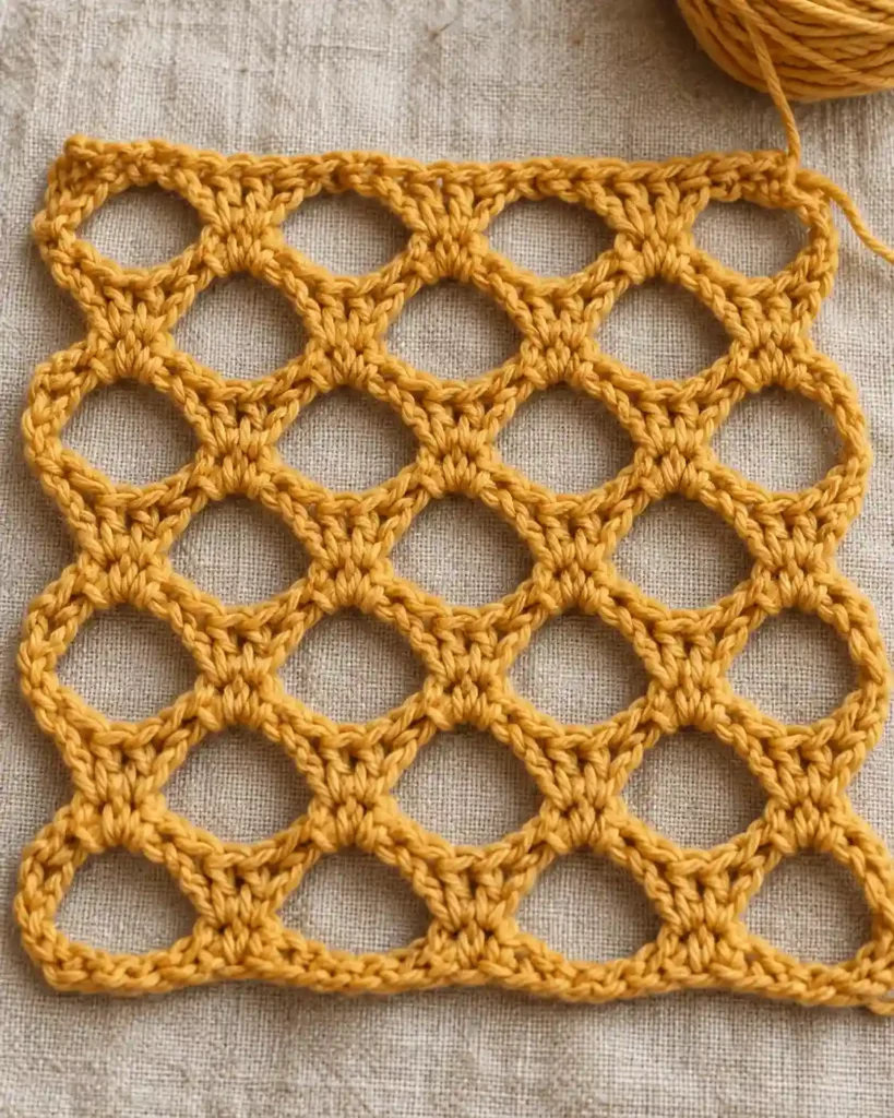 Mustard honeycomb crochet mesh with repeated cell-like openings