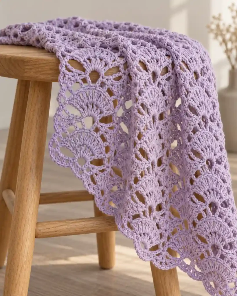 Lavender willow-style mesh stitch with curved open crochet motifs