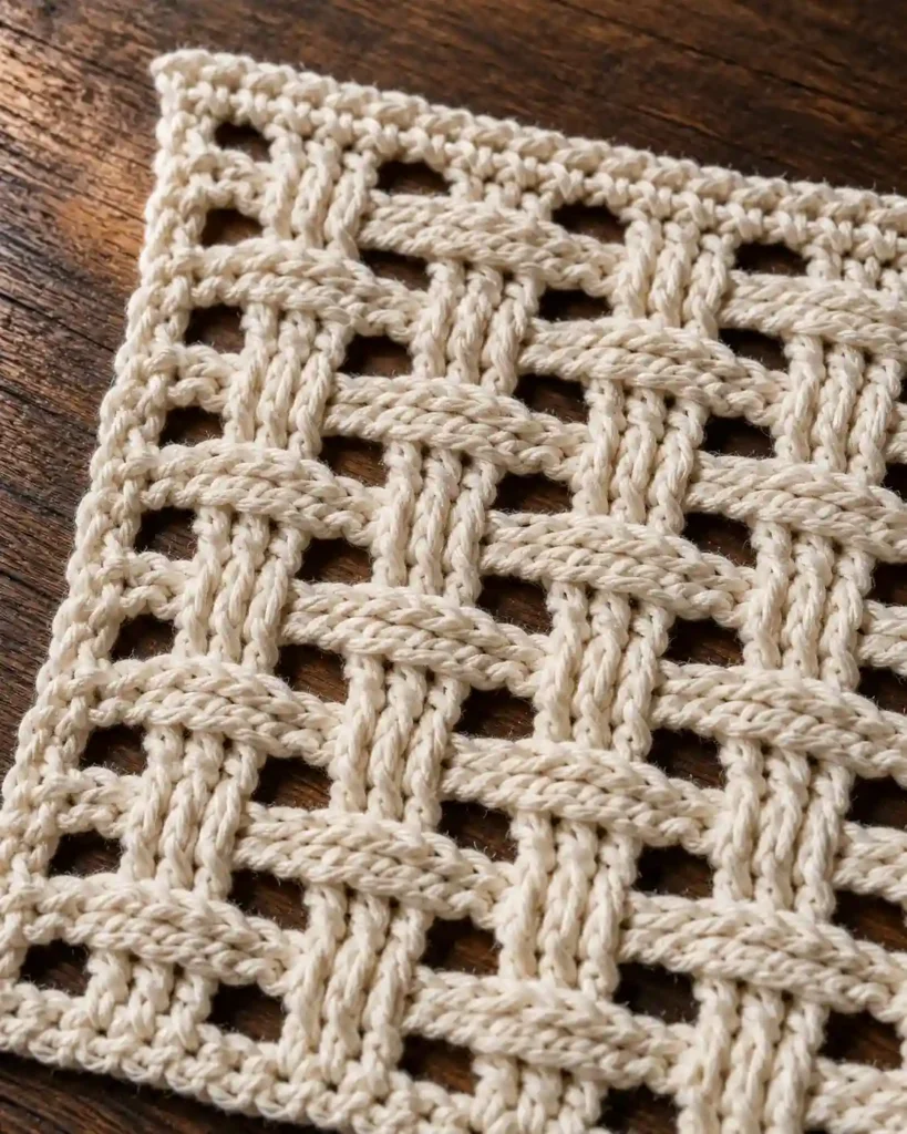 Ecru mixed woven mesh crochet swatch displaying textured bars and openings