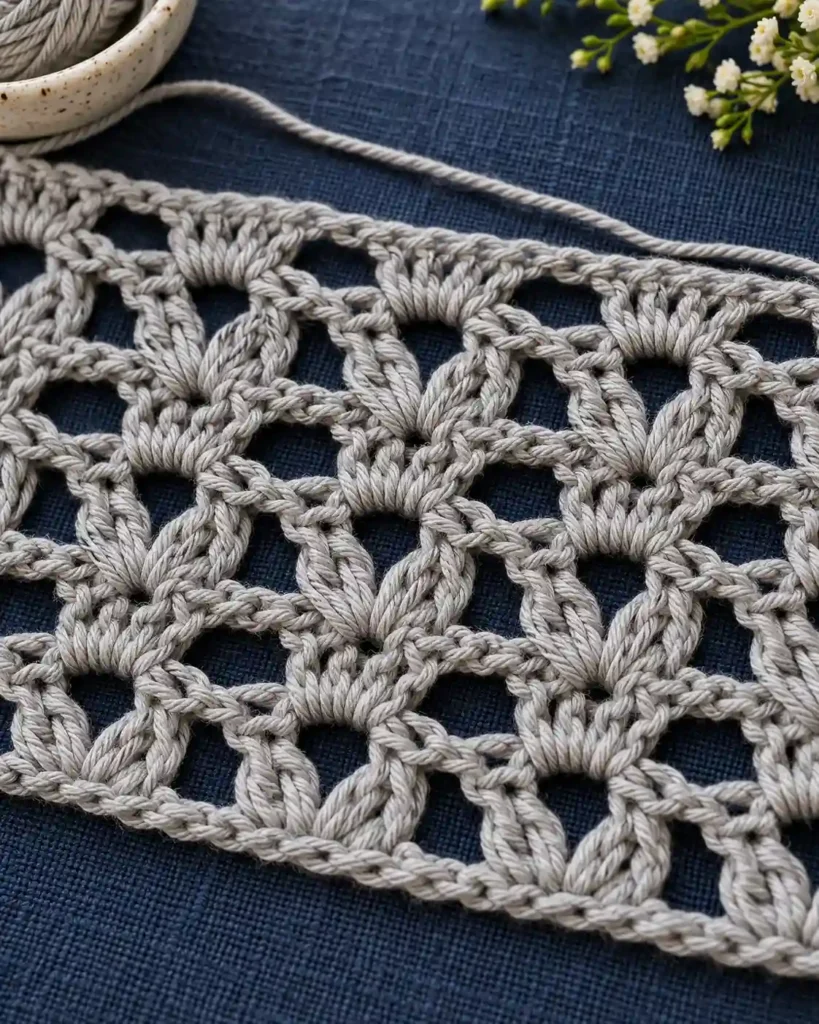 Grey DC2tog cluster mesh crochet showing grouped lace stitches