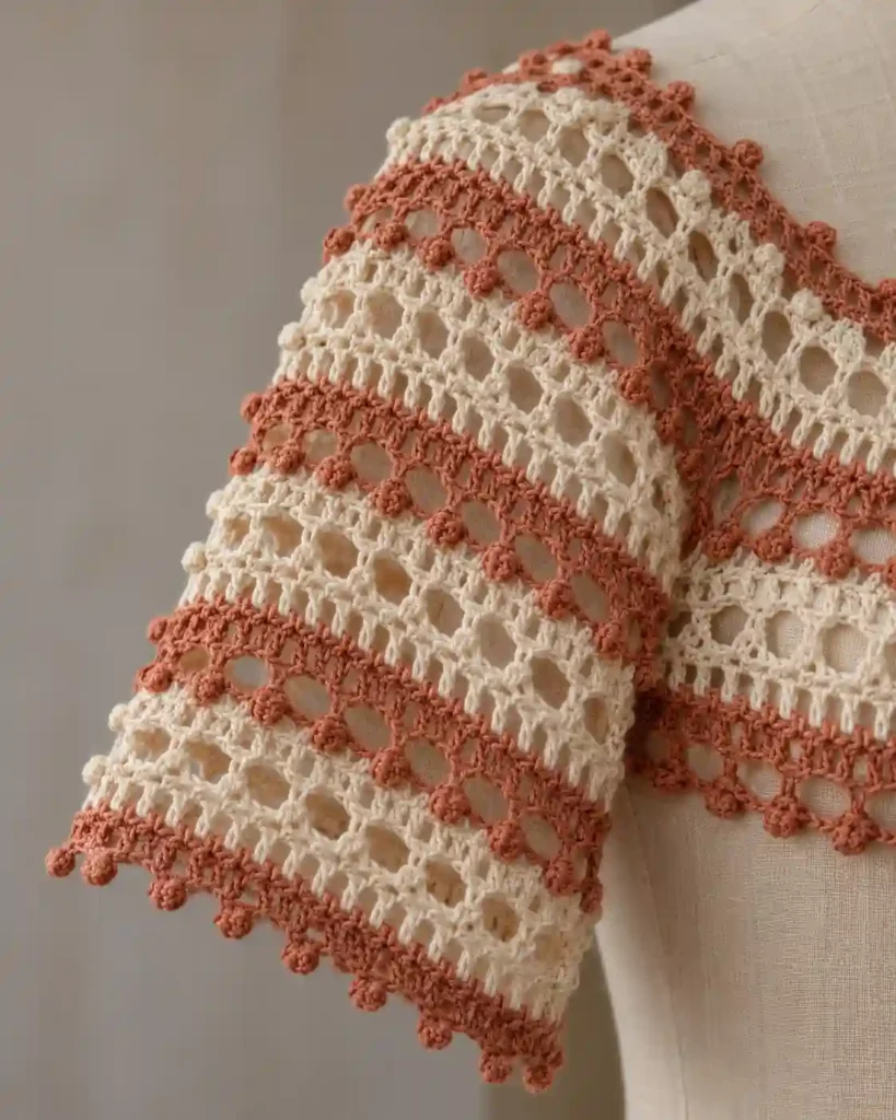 Striped picot mesh crochet showing tiny decorative stitch bumps