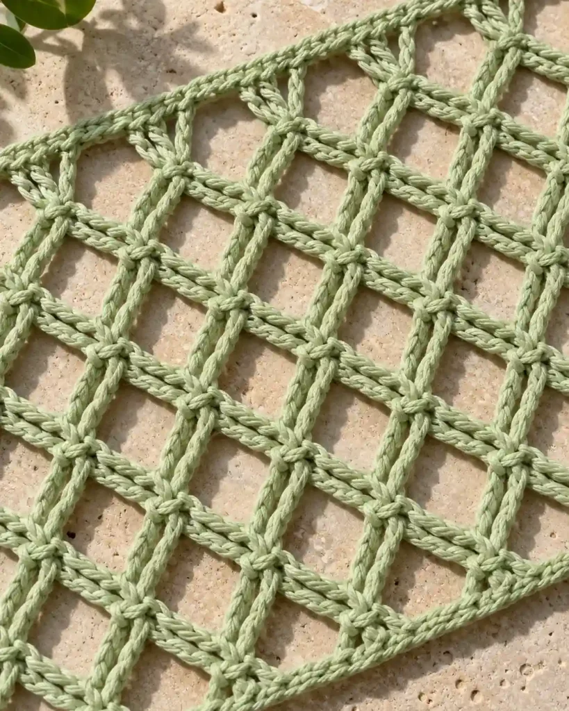 Pistachio double trellis crochet mesh stitch with open lattice structure