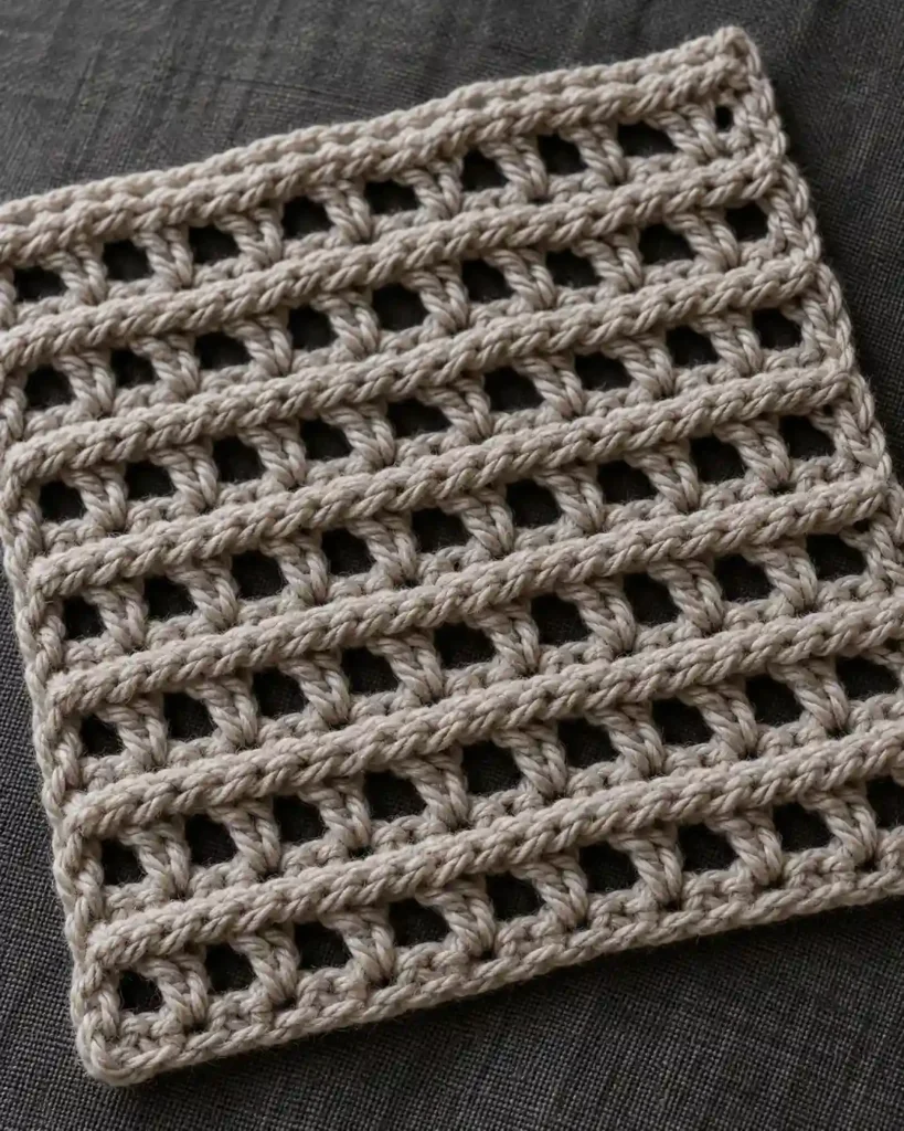 Grey ridged Belgian mesh crochet with raised rows and lace openings