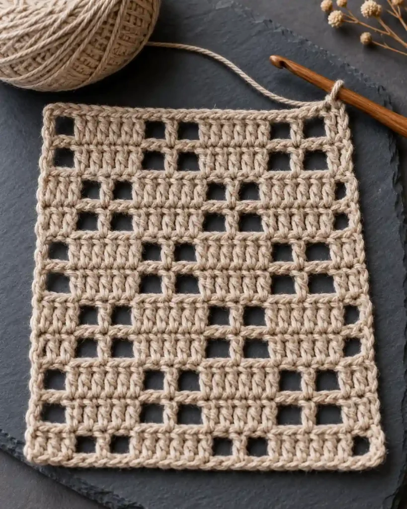Flax bars and squares crochet mesh featuring alternating solid and open cells