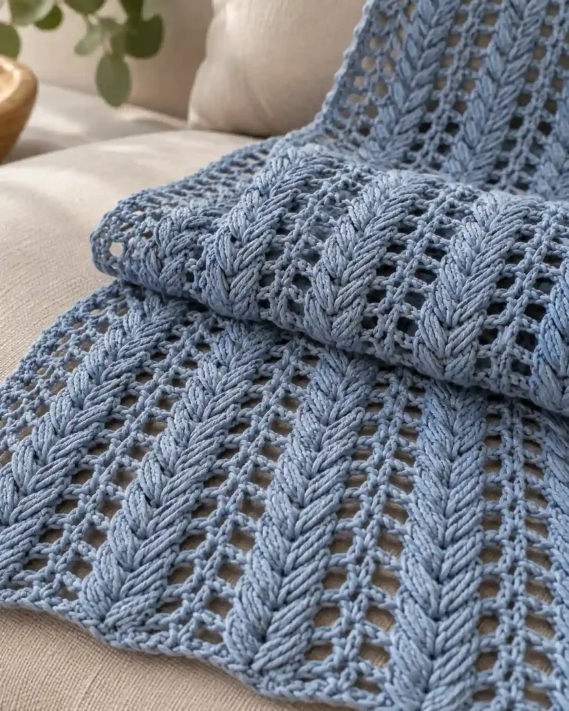 Dusty blue reversible braid and mesh crochet fabric folded to show texture