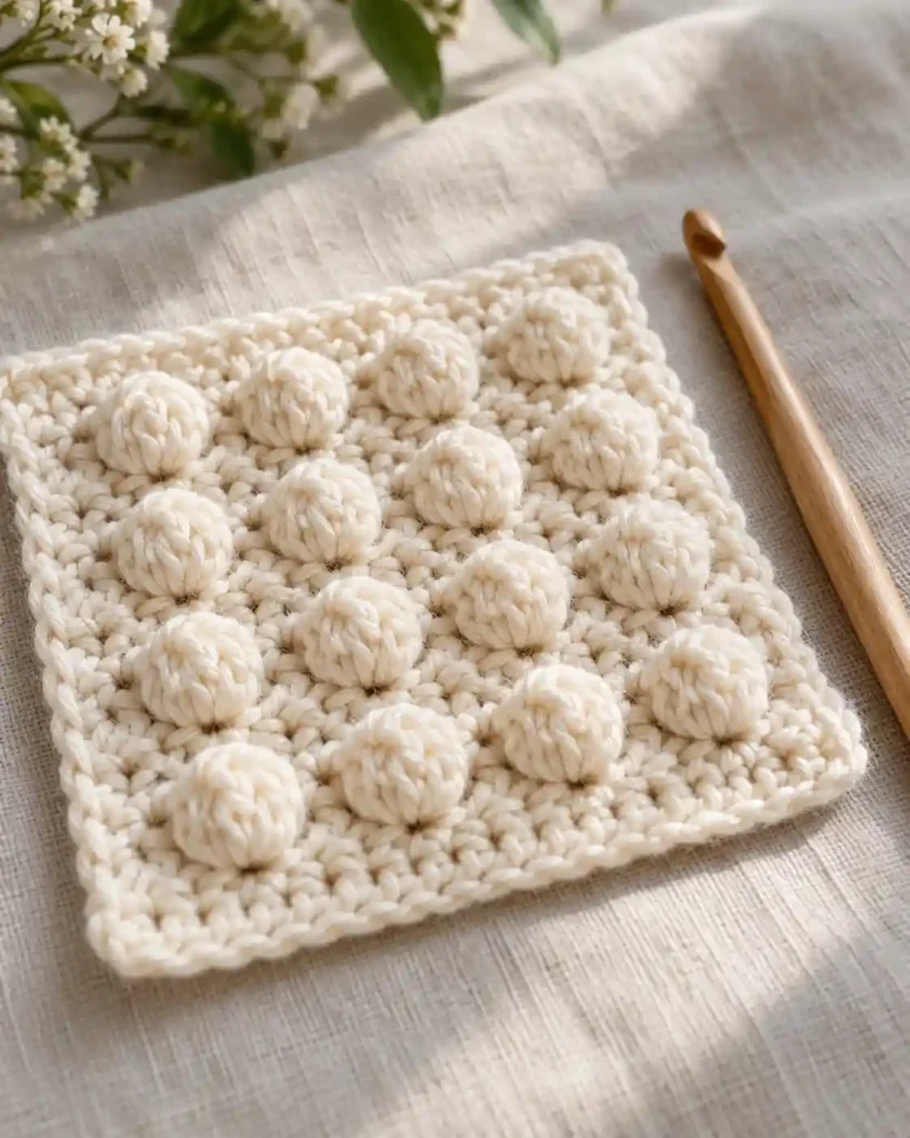 Classic five double crochet popcorn stitch swatch in cream yarn with a wooden crochet hook