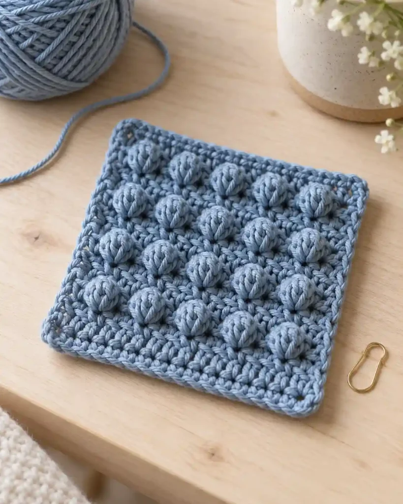 Mini popcorn stitch crochet swatch with small tight clusters in dusty blue yarn