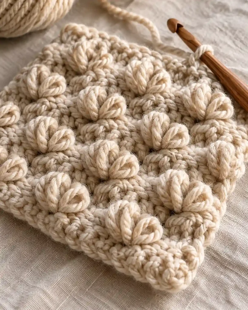 Looped popcorn stitch crochet swatch with raised loopy texture in oatmeal yarn