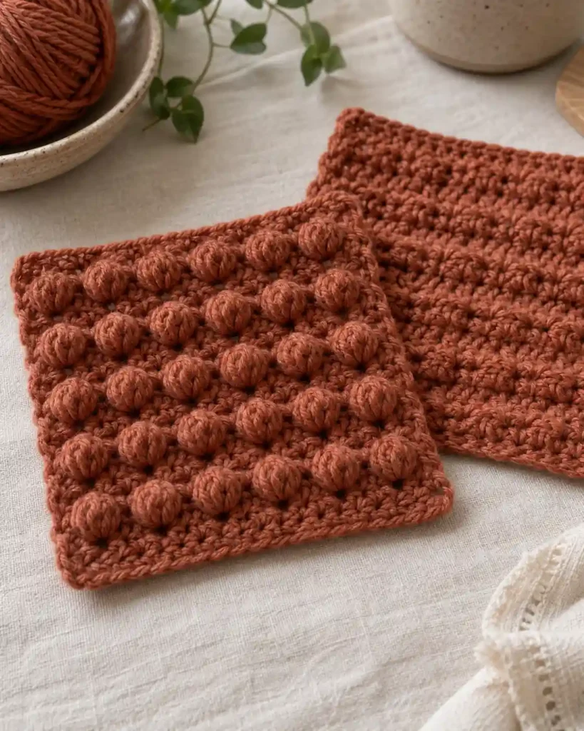 Reverse popcorn stitch crochet swatch showing popcorn clusters on the front side in rust yarn