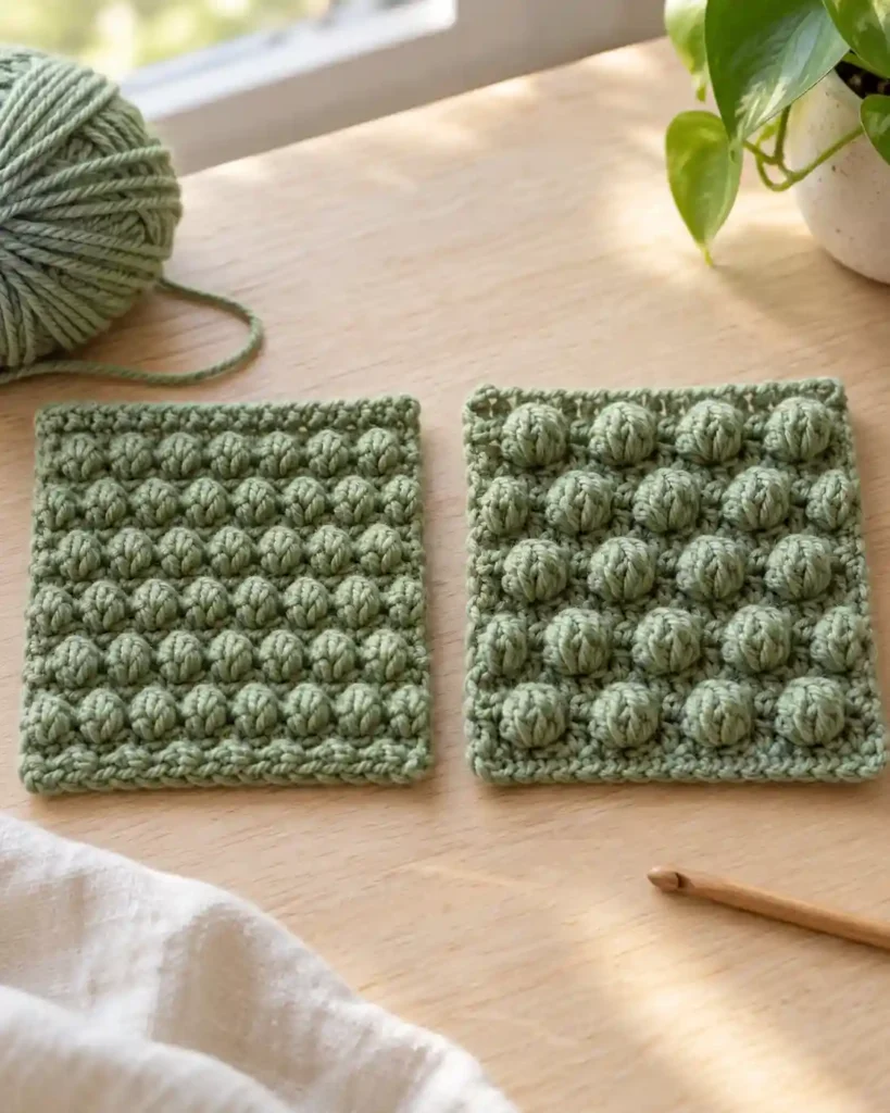 Faux popcorn stitch crochet swatch in sage green yarn beside a classic popcorn swatch