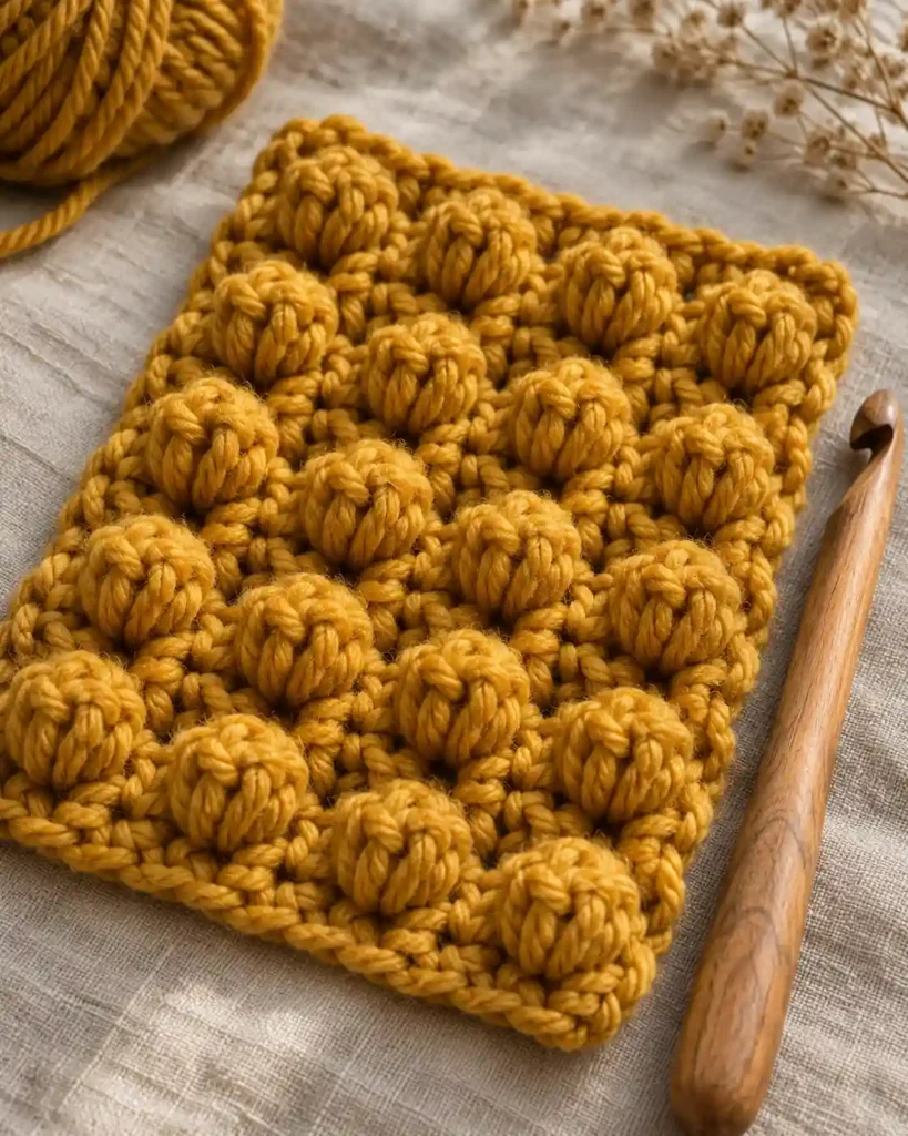 Treble popcorn stitch crochet swatch with tall bold clusters in mustard yarn