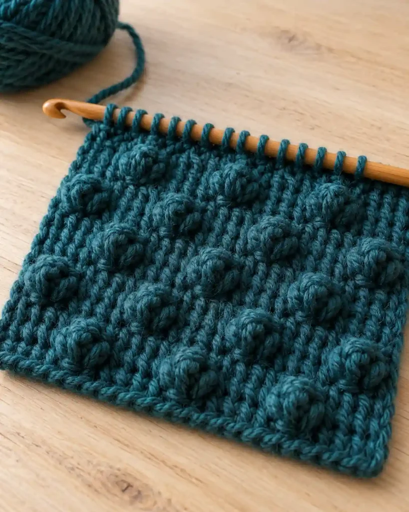 Tunisian crochet popcorn stitch swatch in teal yarn with a long Tunisian hook