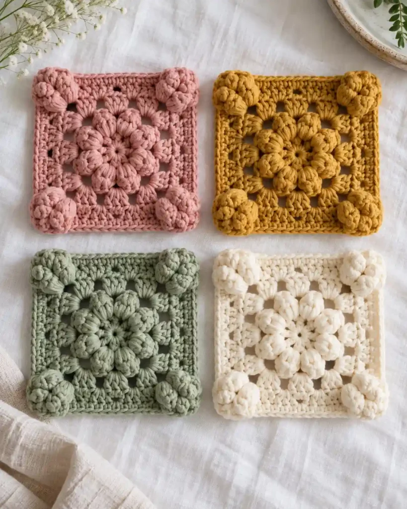 Four colorful popcorn stitch granny squares with plump popcorn corners on white linen