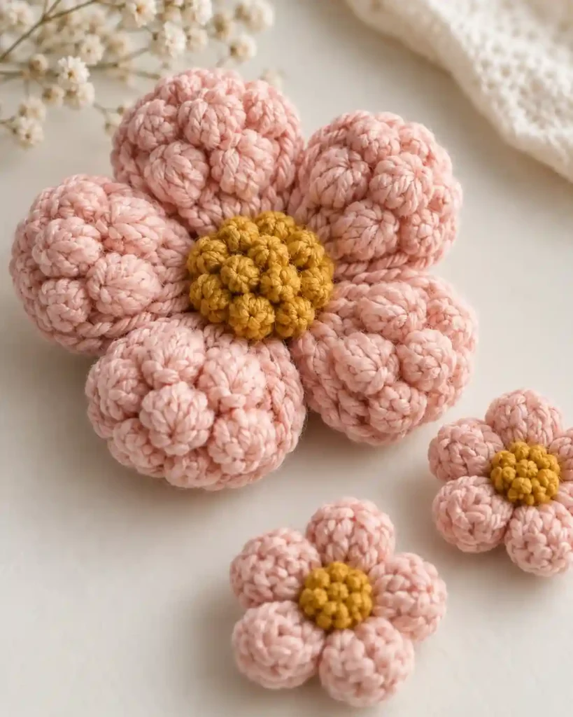 Blush pink popcorn stitch crochet flower motif with plump petals and a mustard center