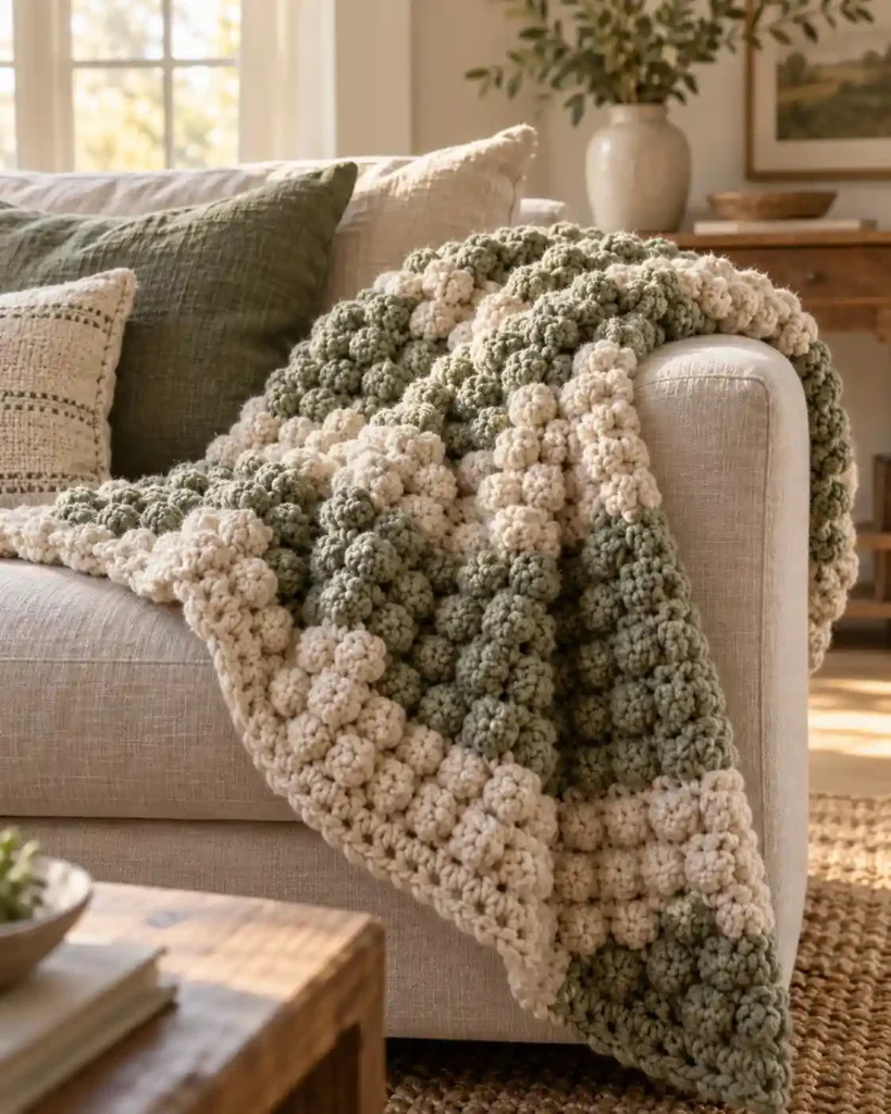 Oatmeal popcorn stitch crochet blanket draped over a sofa showing bumpy texture