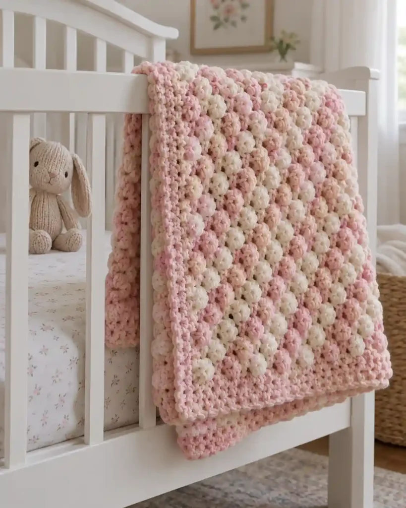 Pastel pink and cream popcorn stitch crochet baby blanket folded over a white crib
