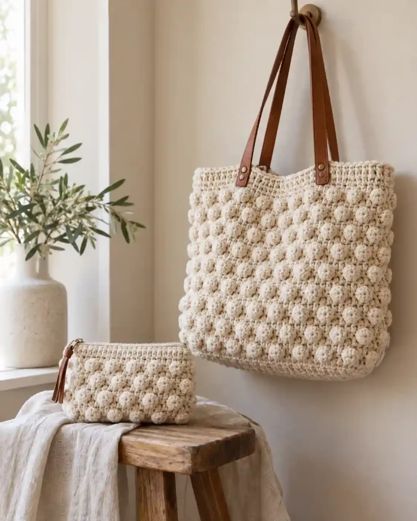 Natural cotton popcorn stitch crochet tote bag with leather handles hanging on a beige wall