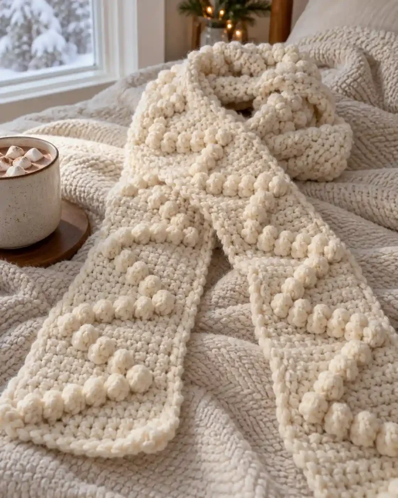 Chunky cream popcorn stitch crochet scarf with zigzag texture folded on a knit blanket