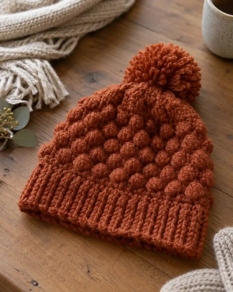 Rust popcorn stitch crochet beanie with bumpy texture on a wooden surface