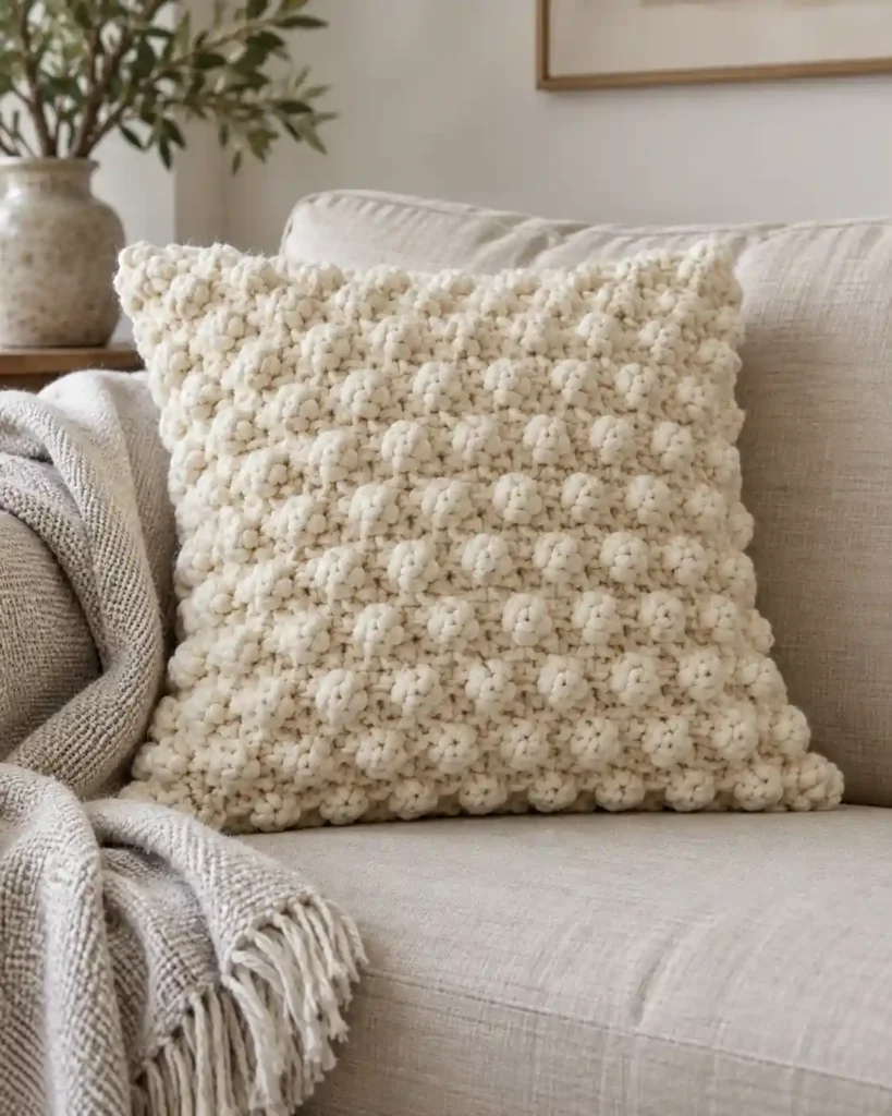 Cream popcorn stitch crochet pillow cover on a linen sofa