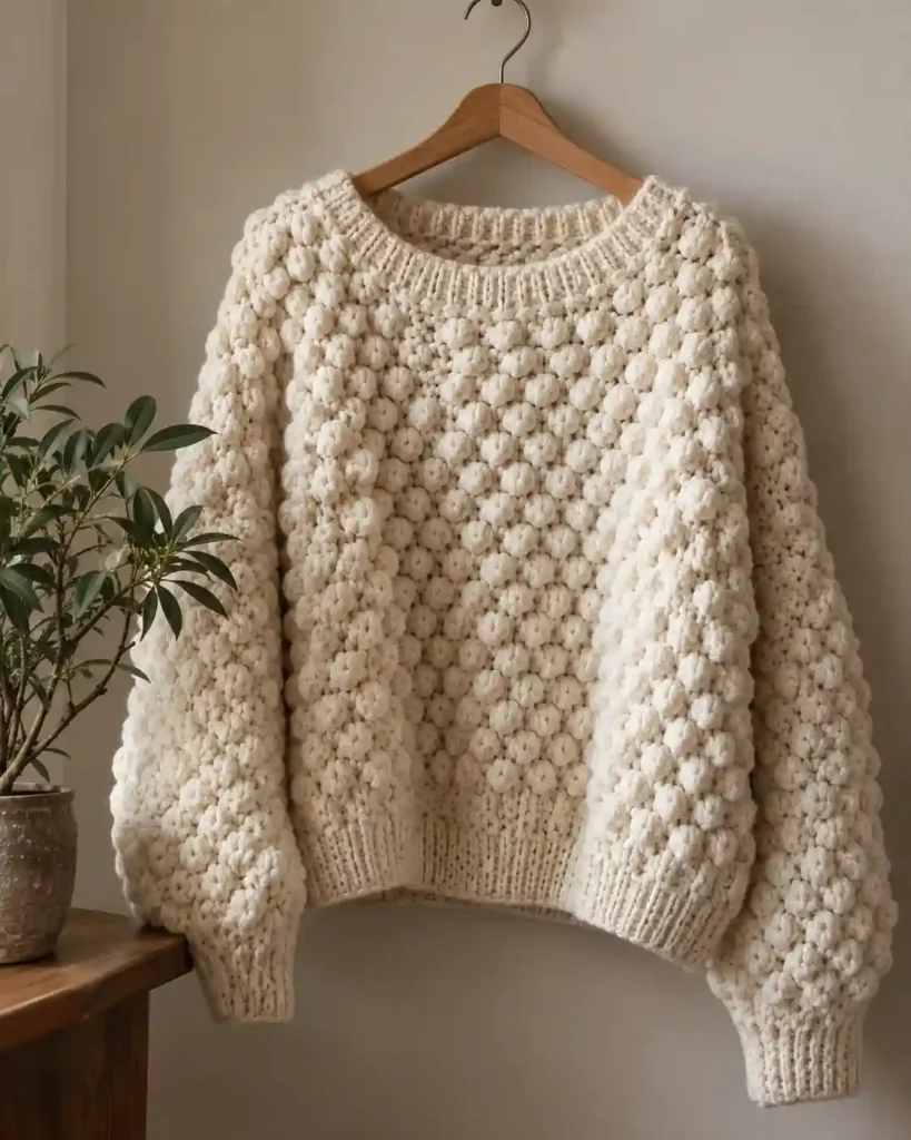 Chunky cream popcorn stitch crochet pullover on a wooden hanger