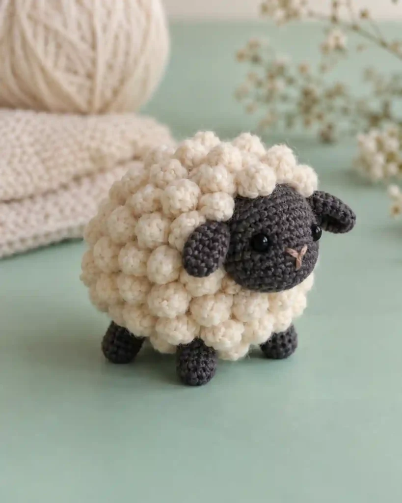 Crochet amigurumi sheep with a bumpy cream popcorn stitch body on a mint background