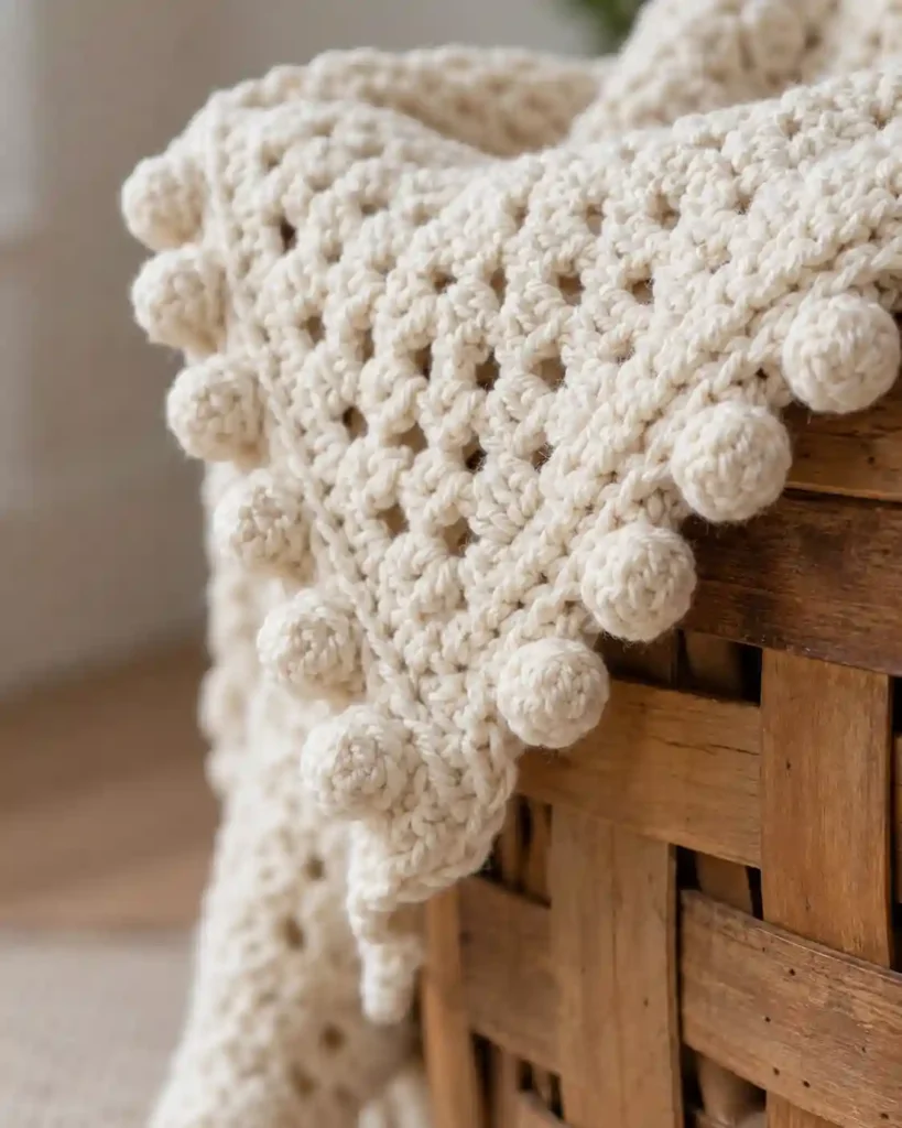 Cream crochet throw with a bobbly popcorn stitch edging draped over a basket