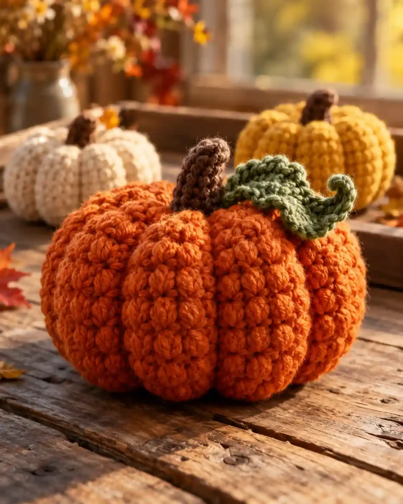 Plump orange popcorn stitch crochet pumpkin with a stem on a rustic wooden table